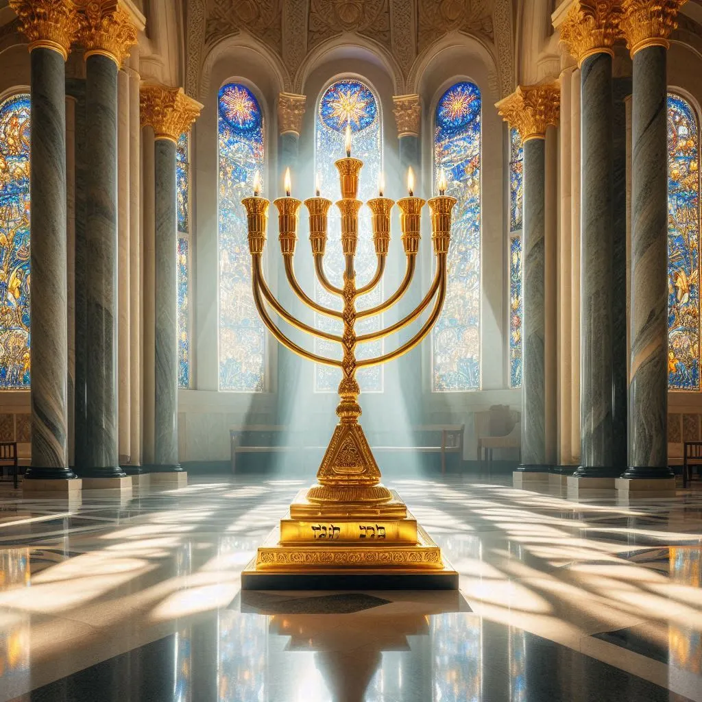 מנורת זהב בתוך חלל עם חלונות ויטראז׳