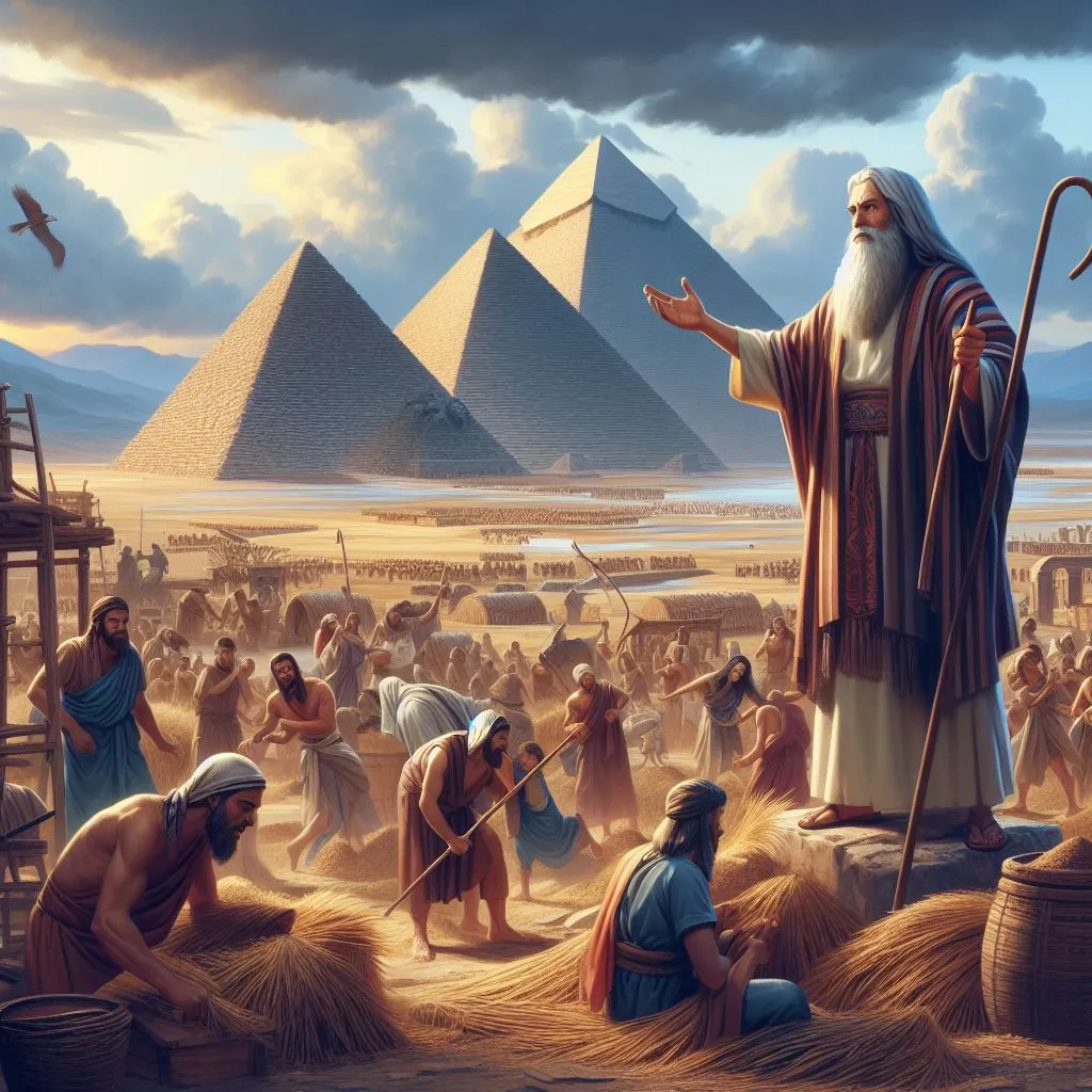 דמות משה רבינו עם המקל עומד מול בני ישראל שעובדים בפרך, מאחורה נמצאים שלוש פירמידות