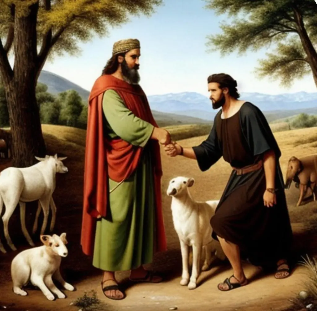 רועה צאן מושיט יד לאדם אחר ומסביבם צאן