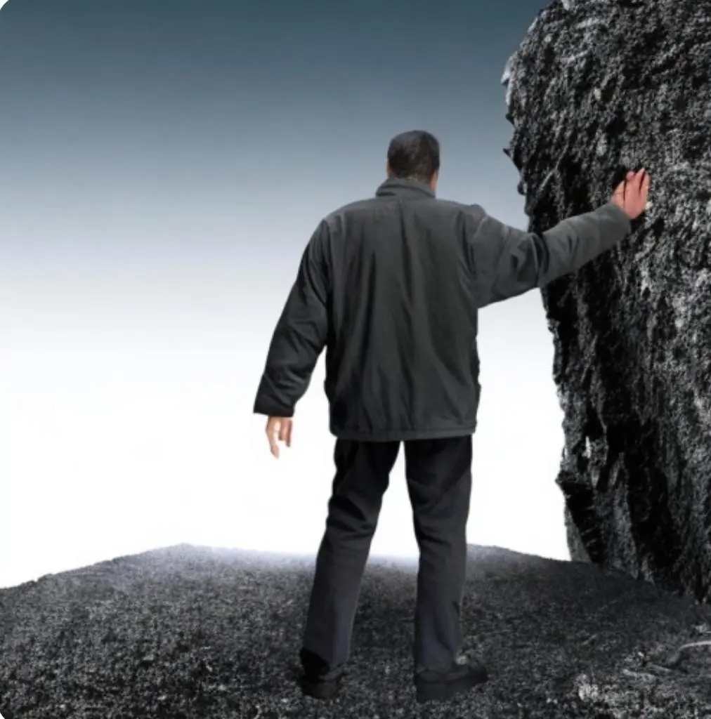 אדם עומד בגבו וידו מונחת על סלע