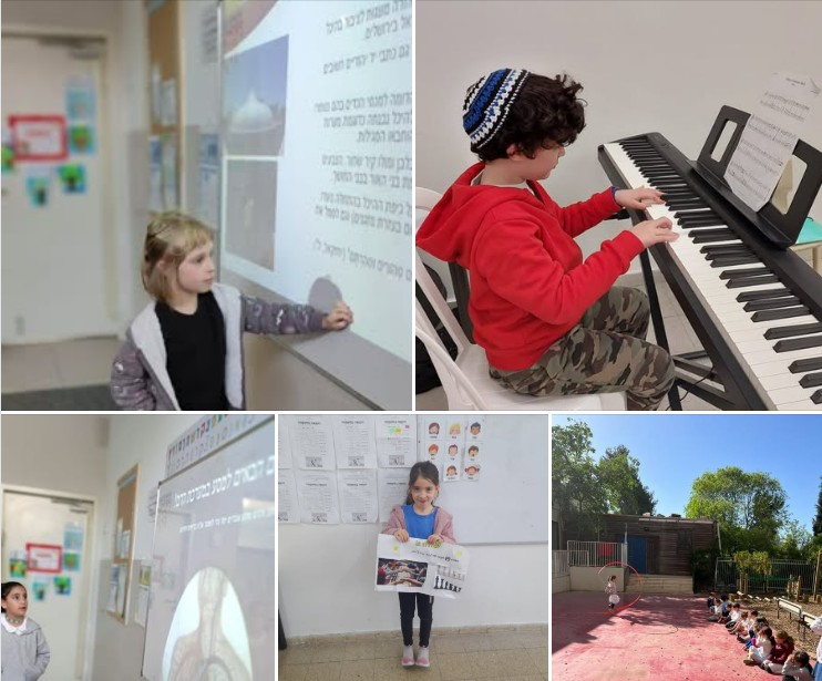 ילד מנגן על פסנתר, ילדות מעבירות מצגות מול הכיתה
